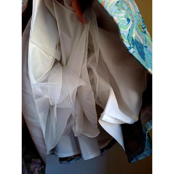 Vtg Girls Floral Tapestry Dress With Sheer Bodice & Navy Satin Puff Sleeves - Picture 9 of 15